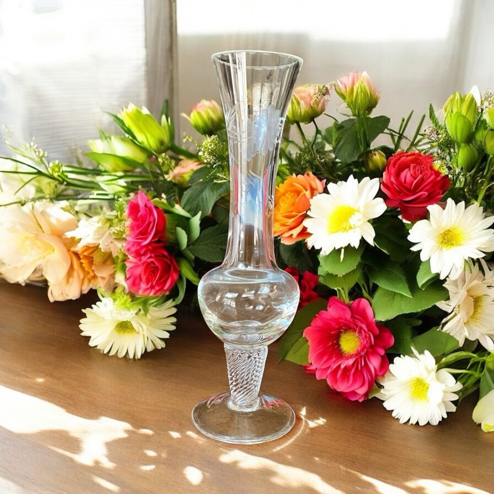 Vintage Clear Glass Etched Floral Bud Vase | Bulbous Twist Stem